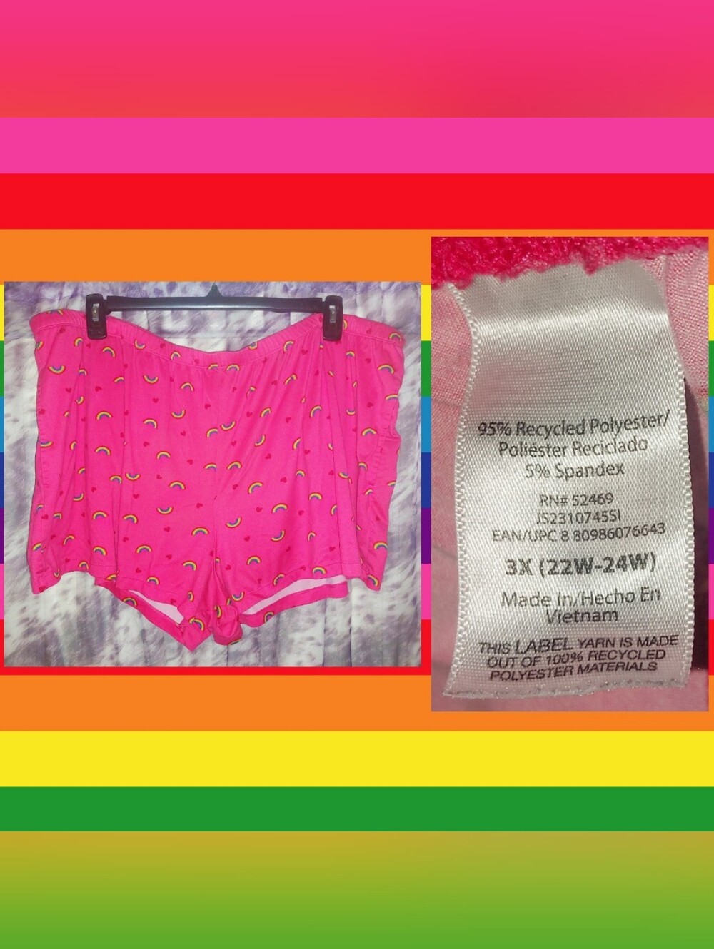 Walmart Dk Pink/Red/Multiclr Hearts & Rainbows Print Soft Knit Shorts 3X(22/24W)